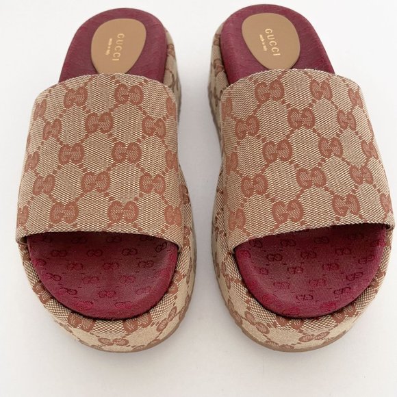 Gucci Angelina GG Platform Slides EU 38 US Women's 8 Tan Sandal Original Logo - Picture 3 of 12